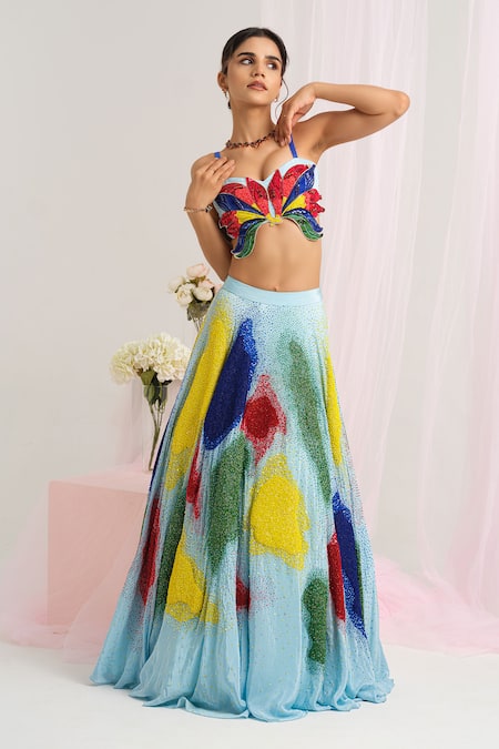 Buy_House Of Akshata_Multi Color Crepe, Net Sequins, Embroidery Asymmetric Elegance Lehenga Set _Online_at_Aza_Fashions