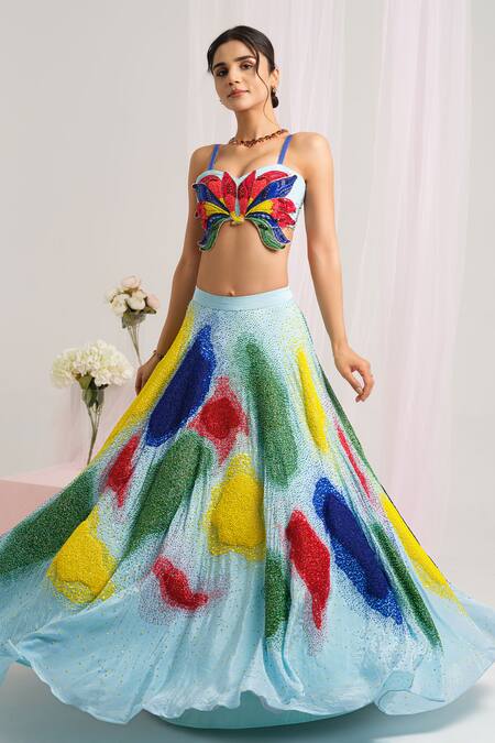 Shop_House Of Akshata_Multi Color Crepe, Net Sequins, Embroidery Asymmetric Elegance Lehenga Set _Online_at_Aza_Fashions