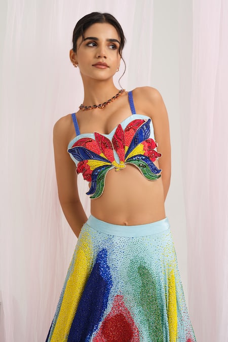 House Of Akshata_Multi Color Crepe, Net Sequins, Embroidery Asymmetric Elegance Lehenga Set _at_Aza_Fashions