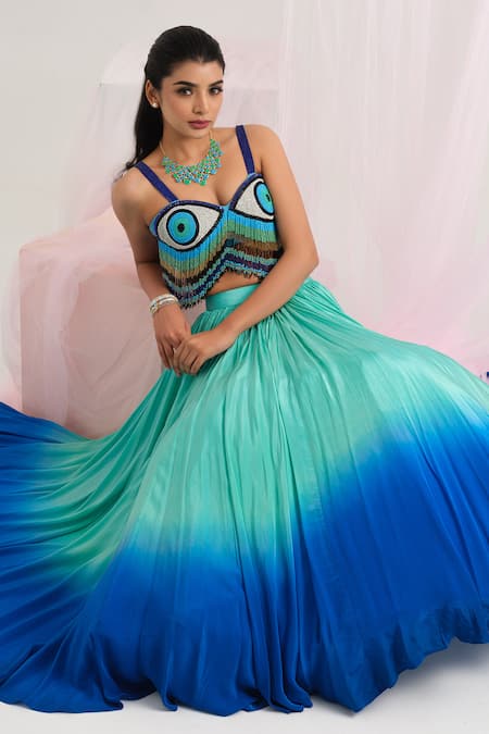 Buy_House Of Akshata_Teal Crepe, Georgette Beads, Embroidery Ocean Breeze Evil Eye Boho Set _Online_at_Aza_Fashions