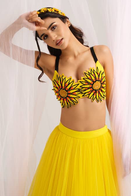 Shop_House Of Akshata_Yellow Net, Georgette Embroidery Scoop Neck Sunflower Radiance Set _Online_at_Aza_Fashions