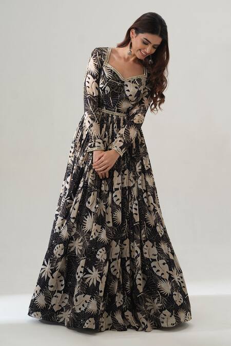 House Of Akshata_Black Organza, Satin Embroidery Scoop Neck Tropical Luxe Hand Gown _Online_at_Aza_Fashions
