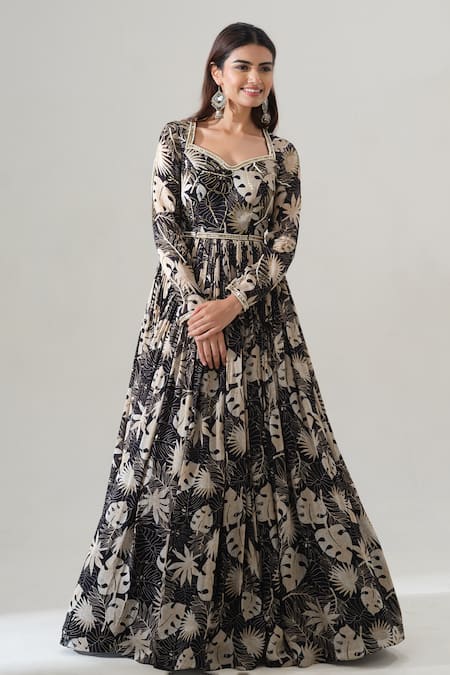 House Of Akshata Black Organza, Satin Embroidery Scoop Neck Tropical Luxe Hand Gown 