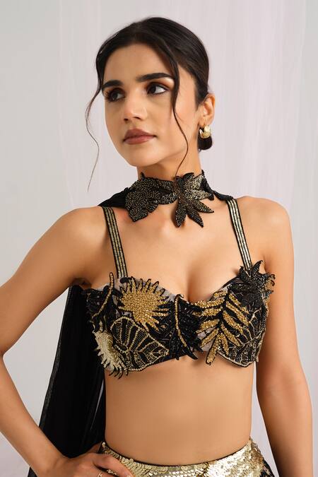 Buy_House Of Akshata_Black Organza, Satin Embroidery Round Neck Tropical Leaf Lehenga Set _Online_at_Aza_Fashions