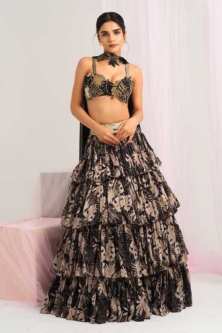 House Of Akshata Black Organza, Satin Embroidery Round Neck Tropical Leaf Lehenga Set 