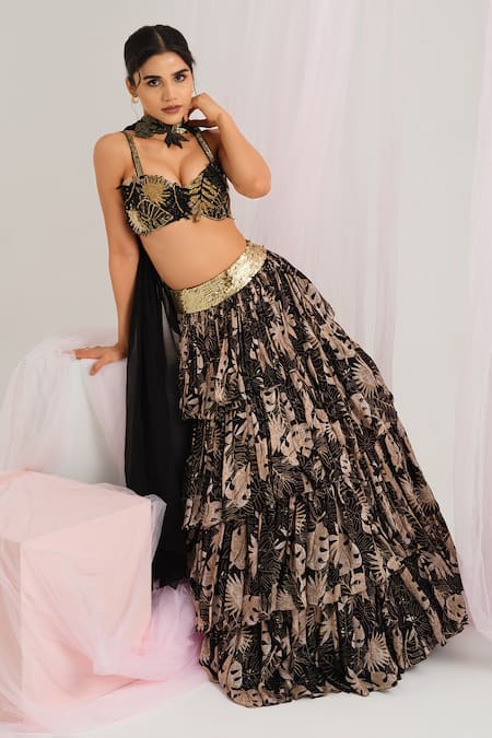 Shop_House Of Akshata_Black Organza, Satin Embroidery Round Neck Tropical Leaf Lehenga Set _Online_at_Aza_Fashions