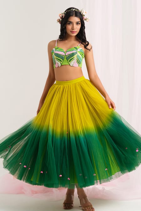 Buy_House Of Akshata_Green Net, Georgette Embroidery Round Neck Tropical Chic Ensemble Set _Online_at_Aza_Fashions