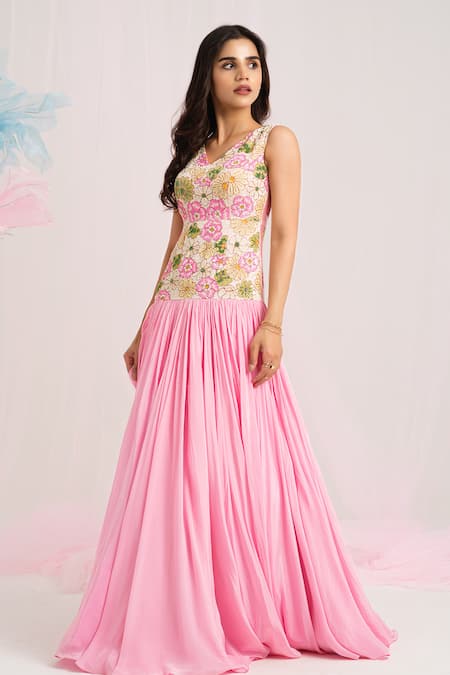 House Of Akshata Pink Crepe Embroidery Round Neck Floral Elegance Gown 