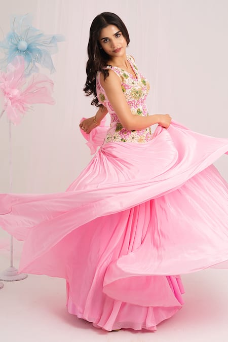 Buy_House Of Akshata_Pink Crepe Embroidery Round Neck Floral Elegance Gown _Online_at_Aza_Fashions