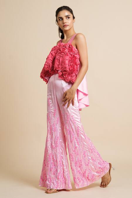 Buy_House Of Akshata_Pink Satin Embroidery Round Neck Whimsical Ruffle Jumpsuit _Online_at_Aza_Fashions