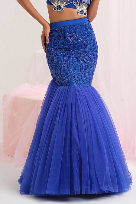 Shop_House Of Akshata_Blue Organza, Satin, Net Beads Oceanic Elegance Ensemble Set _Online_at_Aza_Fashions