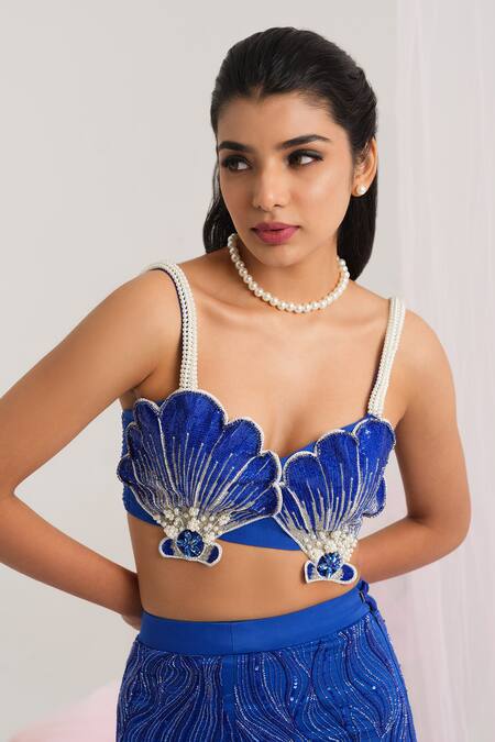 House Of Akshata_Blue Organza, Satin, Net Beads Oceanic Elegance Ensemble Set _at_Aza_Fashions