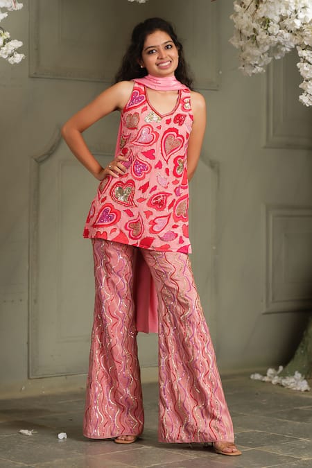 House Of Akshata Red Crepe, Tissue Embroidery Scoop Neck Heart Embellished Co-ord Set 