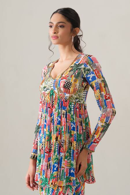 House Of Akshata_Multi Color Crepe Embroidery Round Neck Radiant Bloom Peplum Set _Online_at_Aza_Fashions