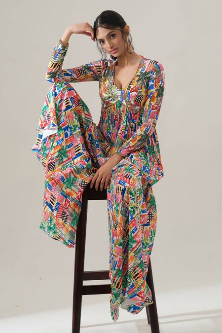 Buy_House Of Akshata_Multi Color Crepe Embroidery Round Neck Radiant Bloom Peplum Set _Online_at_Aza_Fashions