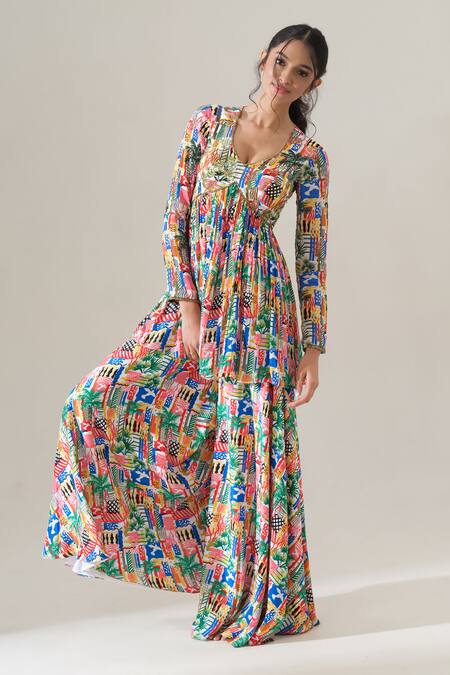 Shop_House Of Akshata_Multi Color Crepe Embroidery Round Neck Radiant Bloom Peplum Set _Online_at_Aza_Fashions