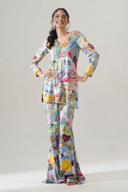 House Of Akshata Multi Color Bemberg, Satin Embroidery V-neck Artisan Flair Co-ord Set 