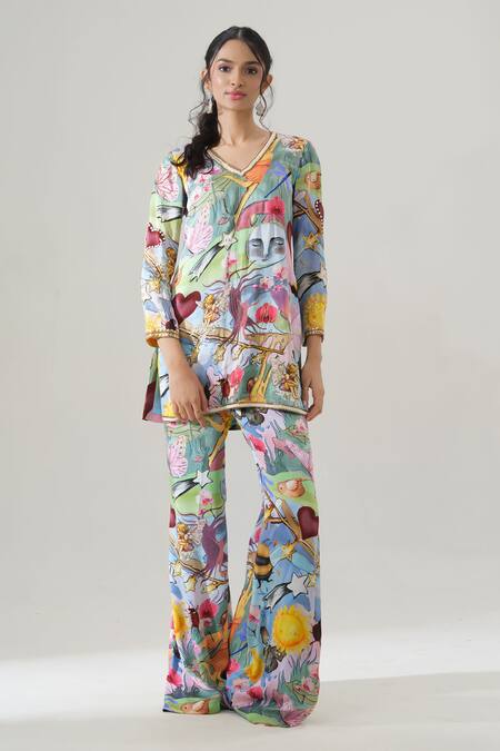 House Of Akshata_Multi Color Bemberg, Satin Embroidery V-neck Artisan Flair Co-ord Set _Online_at_Aza_Fashions