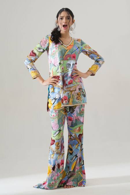 Buy_House Of Akshata_Multi Color Bemberg, Satin Embroidery V-neck Artisan Flair Co-ord Set _Online_at_Aza_Fashions