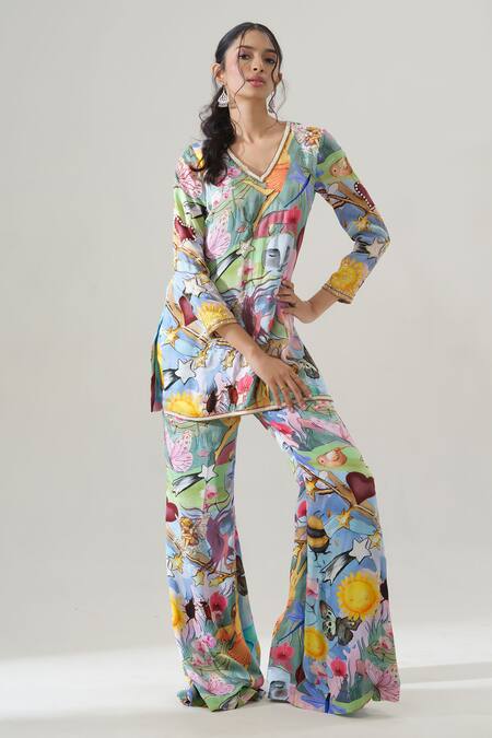 Shop_House Of Akshata_Multi Color Bemberg, Satin Embroidery V-neck Artisan Flair Co-ord Set _Online_at_Aza_Fashions