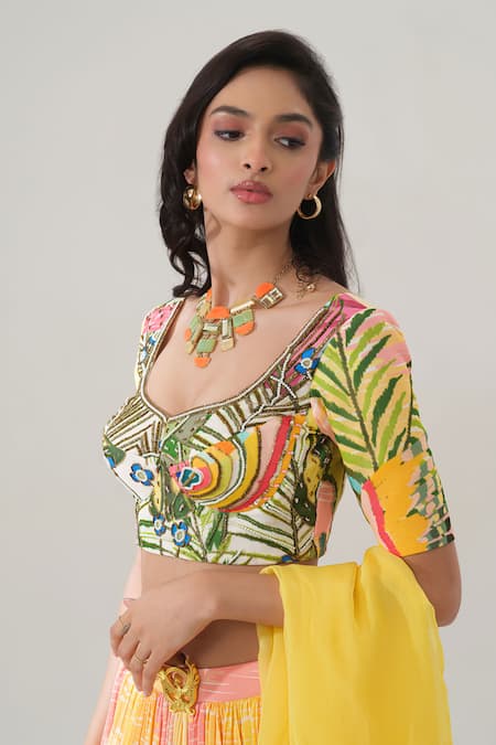 House Of Akshata_Multi Color Crepe, Organza Embroidery Round Neck Sunlit Tropics Lehenga Set _Online_at_Aza_Fashions