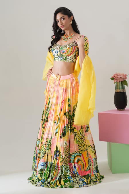 Buy_House Of Akshata_Multi Color Crepe, Organza Embroidery Round Neck Sunlit Tropics Lehenga Set _Online_at_Aza_Fashions
