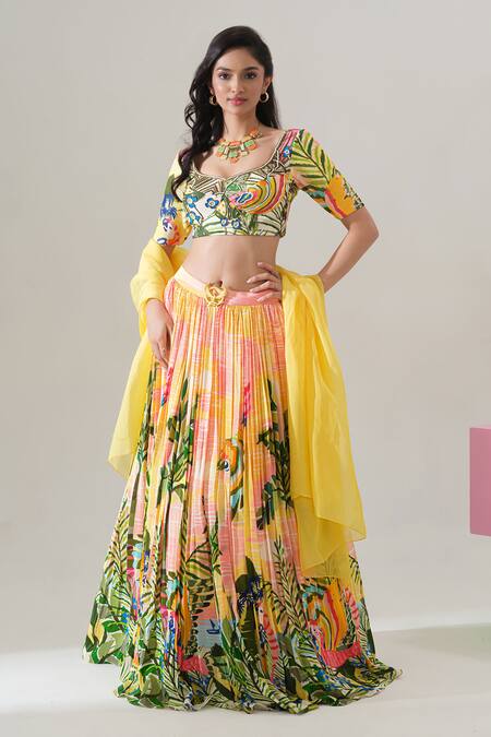 Shop_House Of Akshata_Multi Color Crepe, Organza Embroidery Round Neck Sunlit Tropics Lehenga Set _Online_at_Aza_Fashions