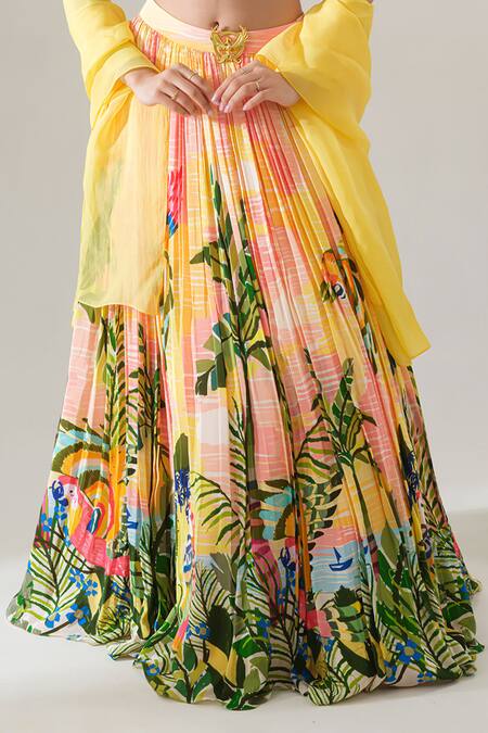 House Of Akshata_Multi Color Crepe, Organza Embroidery Round Neck Sunlit Tropics Lehenga Set _at_Aza_Fashions