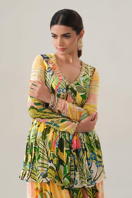House Of Akshata Yellow Crepe, Net Embroidery V-neck Tropical Breeze Peplum Set Online at Aza Fashions House Of Akshata_Yellow Crepe, Net Embroidery V-neck Tropical Breeze Peplum Set _Online_at_Aza_Fashions