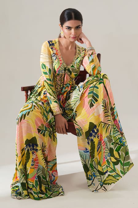 Buy House Of Akshata Yellow Crepe, Net Embroidery V-neck Tropical Breeze Peplum Set Online at Aza Fashions Buy_House Of Akshata_Yellow Crepe, Net Embroidery V-neck Tropical Breeze Peplum Set _Online_at_Aza_Fashions
