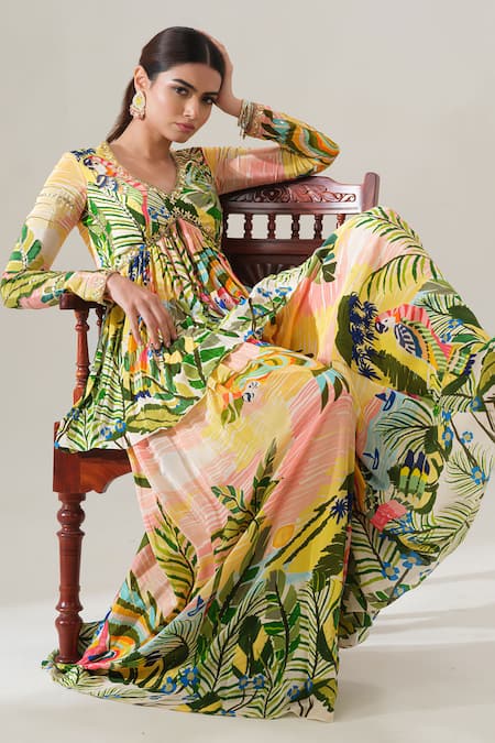 Shop House Of Akshata Yellow Crepe, Net Embroidery V-neck Tropical Breeze Peplum Set Online at Aza Fashions Shop_House Of Akshata_Yellow Crepe, Net Embroidery V-neck Tropical Breeze Peplum Set _Online_at_Aza_Fashions