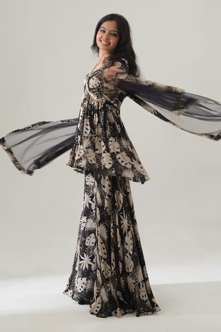 House Of Akshata_Black Organza, Net, Satin Embroidery Round Neck Hand Peplum Set _Online_at_Aza_Fashions