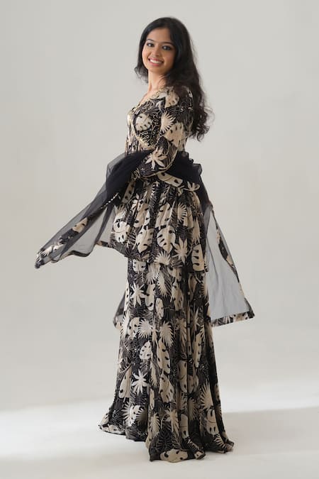 Buy_House Of Akshata_Black Organza, Net, Satin Embroidery Round Neck Hand Peplum Set _Online_at_Aza_Fashions