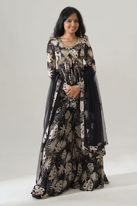 House Of Akshata Black Organza, Net, Satin Embroidery Round Neck Hand Peplum Set 