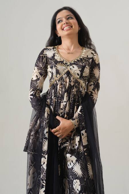 House Of Akshata_Black Organza, Net, Satin Embroidery Round Neck Hand Peplum Set _at_Aza_Fashions