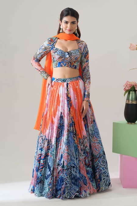 House Of Akshata Orange Georgette Embroidery Square Neck Sunset Bloom Lehenga Set 