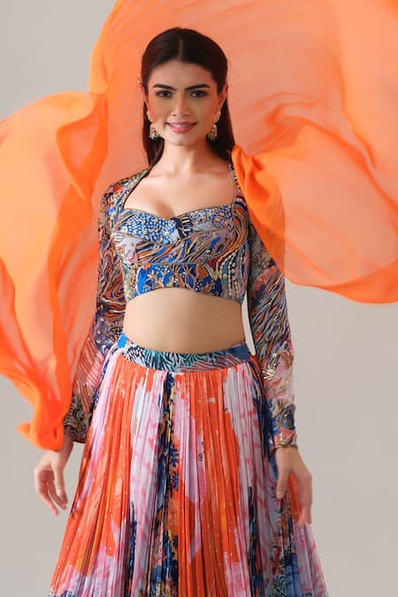 House Of Akshata_Orange Georgette Embroidery Square Neck Sunset Bloom Lehenga Set _Online_at_Aza_Fashions