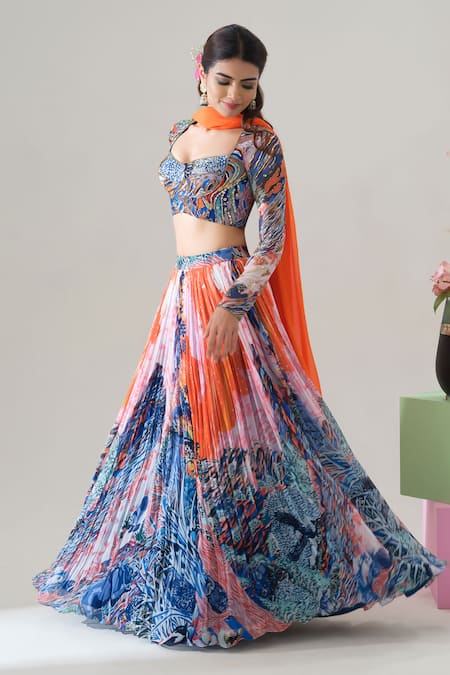 Buy_House Of Akshata_Orange Georgette Embroidery Square Neck Sunset Bloom Lehenga Set _Online_at_Aza_Fashions