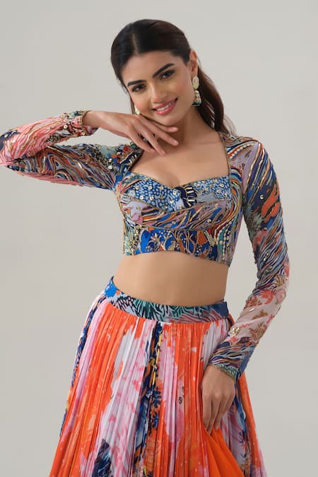 Shop_House Of Akshata_Orange Georgette Embroidery Square Neck Sunset Bloom Lehenga Set _Online_at_Aza_Fashions