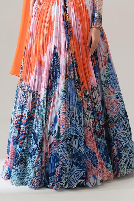 House Of Akshata_Orange Georgette Embroidery Square Neck Sunset Bloom Lehenga Set _at_Aza_Fashions