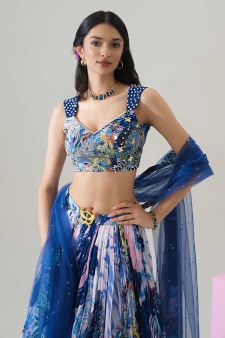 House Of Akshata_Blue Georgette, Net Embroidery Round Neck Midnight Tropics Lehenga Set _Online_at_Aza_Fashions