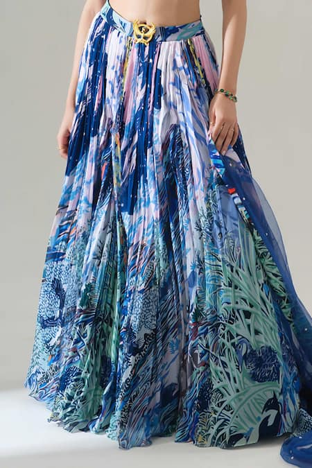 Buy_House Of Akshata_Blue Georgette, Net Embroidery Round Neck Midnight Tropics Lehenga Set _Online_at_Aza_Fashions