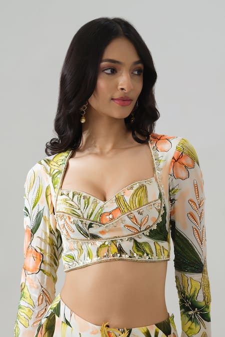 Shop_House Of Akshata_Multi Color Crepe Embroidery Round Neck Tropical Sheer Green Lehenga Set _Online_at_Aza_Fashions