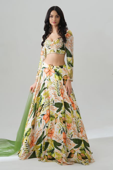 House Of Akshata Multi Color Crepe Embroidery Round Neck Tropical Sheer Green Lehenga Set