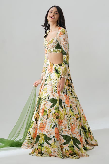 House Of Akshata_Multi Color Crepe Embroidery Round Neck Tropical Sheer Green Lehenga Set _at_Aza_Fashions