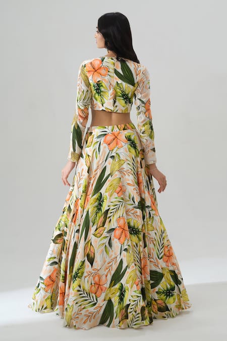 House Of Akshata Tropical Sheer Green Lehenga Set 