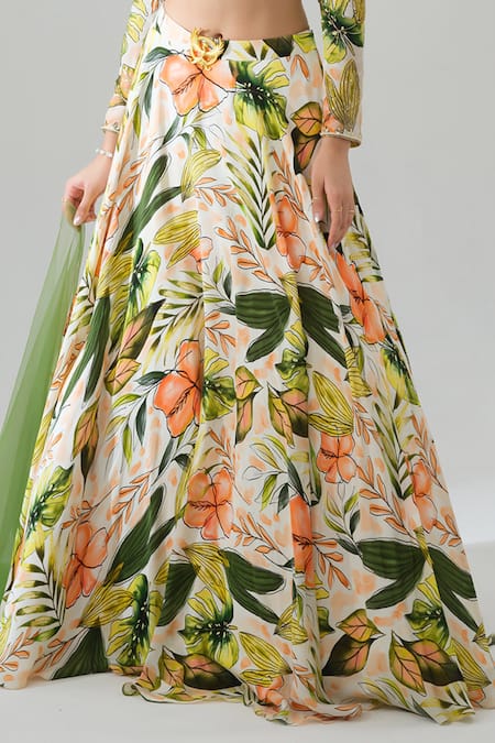 Buy_House Of Akshata_Multi Color Crepe Embroidery Round Neck Tropical Sheer Green Lehenga Set 