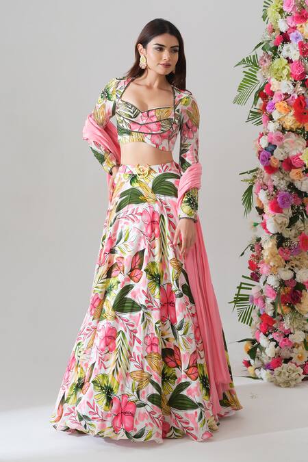 House Of Akshata_Pink Crepe Embroidery Round Neck Tropical Bliss Floral Lehenga Set _Online_at_Aza_Fashions