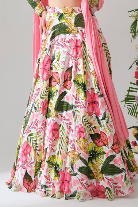 Buy_House Of Akshata_Pink Crepe Embroidery Round Neck Tropical Bliss Floral Lehenga Set _Online_at_Aza_Fashions