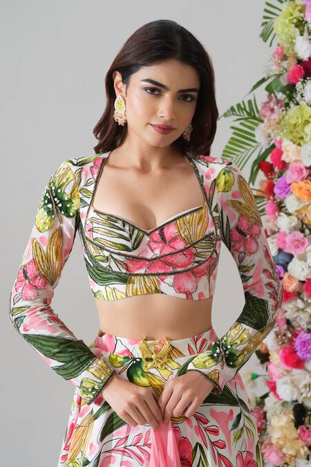 Shop_House Of Akshata_Pink Crepe Embroidery Round Neck Tropical Bliss Floral Lehenga Set _Online_at_Aza_Fashions